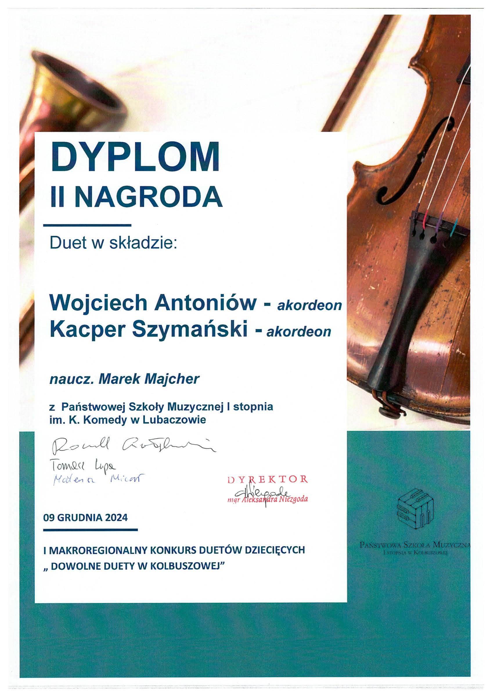 Dyplom II nagroda duet W. Antoniów i K. Szymański Kolbuszowa 09.12.2024 r.