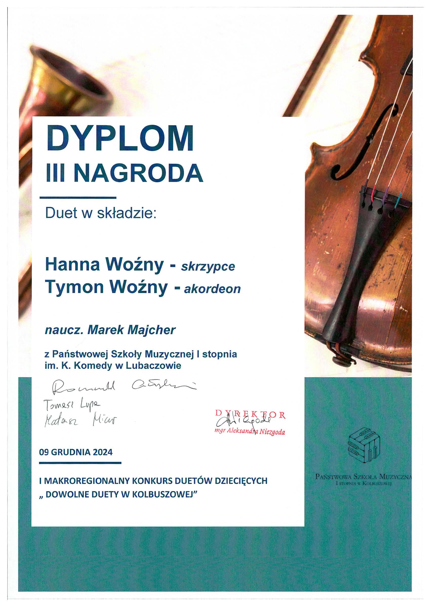 Dyplom III nagroda duet H. Woźny i T. Woźny Kolbuszowa 09.12.2024 r.